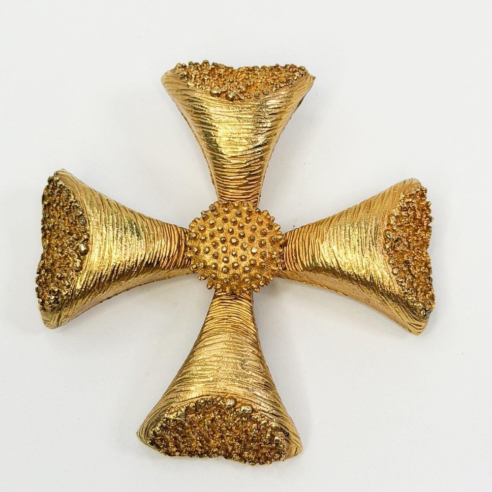 Coro Vintage Gold Tone Maltese Cross Brooch Textured Statement Pin Abstract